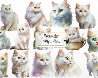 Watercolor White Cats Clipart - cute cats and kittens PNG format instant download for commercial use