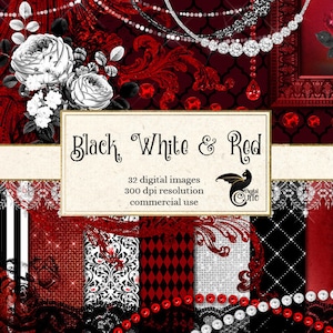 Schwarz, Weiß und Rot Digital Scrapbooking Kit, Clipart, digitales Papier, Banner, Rahmen, Perlen, Spitze, Diamanten, gothic rose digitale Overlays