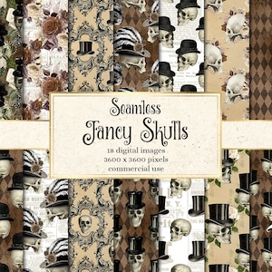 May include: A set of 18 digital paper designs featuring skulls wearing top hats. The papers have a vintage, gothic aesthetic with patterns of flowers, diamonds, and newspaper text. Seamless Fancy Skulls - 18 digital images 3600 x 3600 pixels commercial use