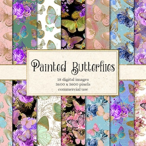 May include: A set of 18 digital paper patterns featuring painted butterflies in various colors and styles. The patterns include butterflies on a white background, butterflies on a black background, butterflies on a pink background, butterflies on a blue background, and butterflies on a green background. The patterns are perfect for scrapbooking, card making, and other craft projects.