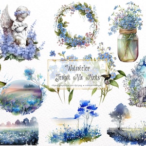 Aquarelle Forget Me Nots Clipart - bouquets de fleurs memorieal bleu en téléchargement instantané au format PNG pour un usage commercial