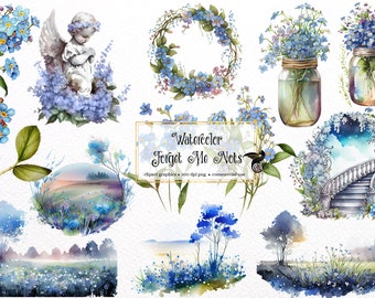 May include: Watercolor illustrations of forget-me-not flowers in various arrangements, including a wreath, a bouquet in a jar, a single stem, and a landscape scene. The illustrations are in shades of blue, green, and white.
