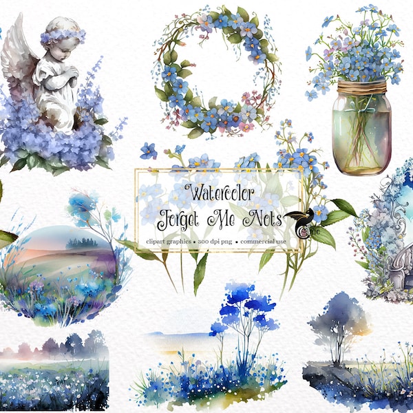 Watercolor Forget Me Nots Clipart - blue memorieal floral bouquets in PNG format instant download for commercial use