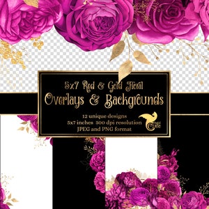 5x7 Hot Pink und Gold Floral Overlays für Einladungen, Planer, Journal Seiten, Vintage Blumen Clipart, Hochzeit Rahmen Clip Art