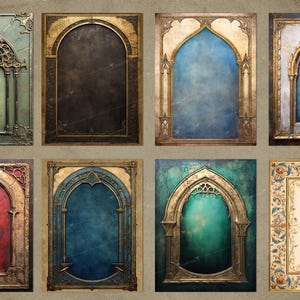 May include: Eight ornate gold frames with different colored backgrounds. The frames have a gothic arch design and are perfect for adding a touch of elegance to any project.