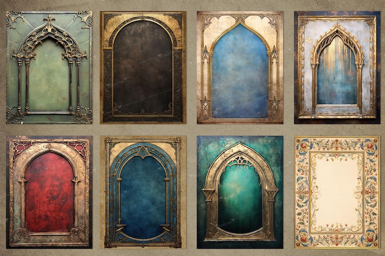 May include: Eight ornate gold frames with different colored backgrounds. The frames have a gothic arch design and are perfect for adding a touch of elegance to any project.
