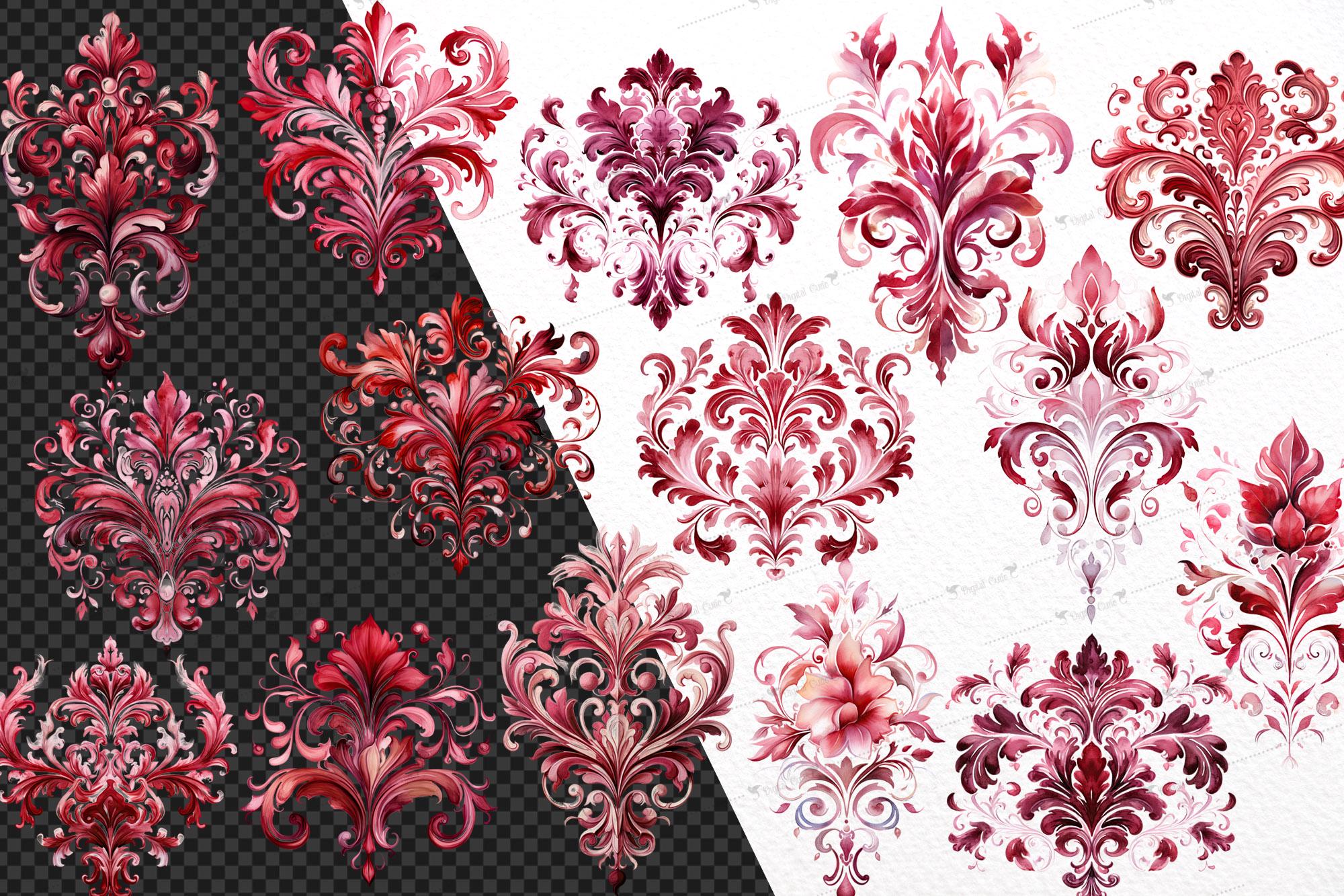 Red Rococo Background Watercolor Red Damask Clipart, Rococo Fantasy Graphics (PNG, Digital ...