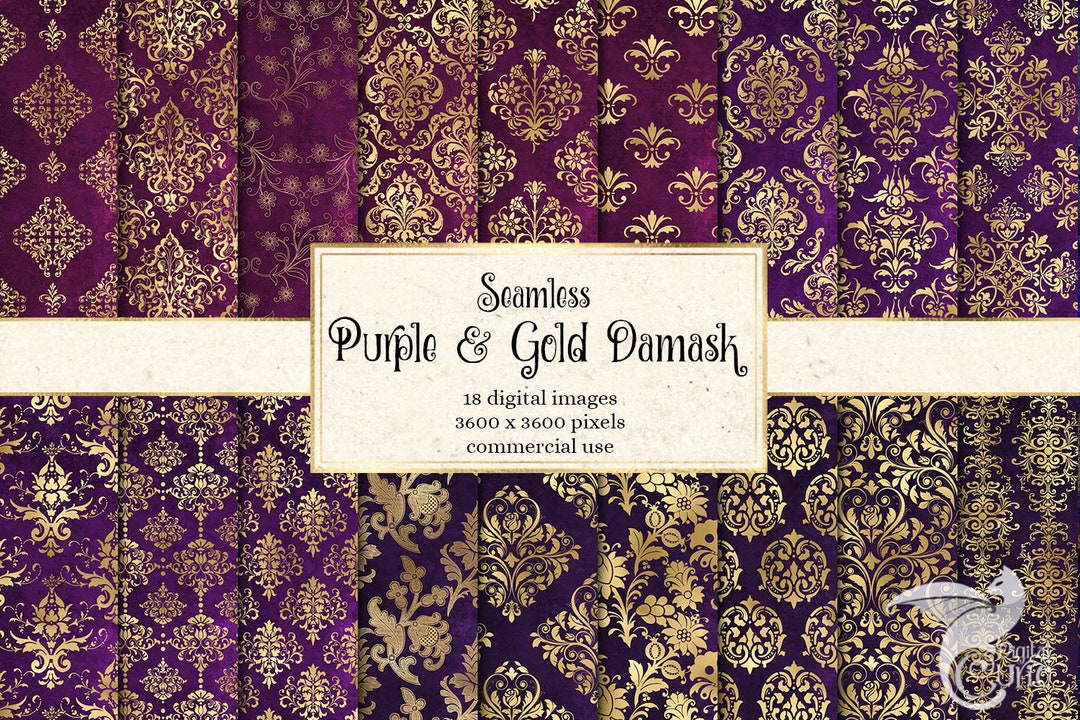 Purple and Gold Damask Paper, Seamless Scrapbook Patterns (digital ...