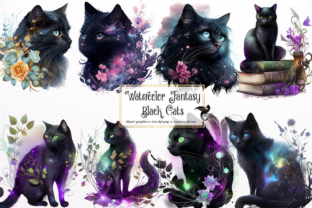 Watercolor Black Cats Clipart – Fantasy Floral PNG Images (commercial ...