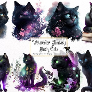 Aquarelle Fantasy Black Cats Clipart - jolis chats floraux avec des guirlandes lumineuses et des fleurs Téléchargement instantané au format PNG pour un usage commercial