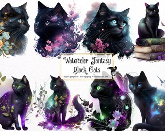 May include: Watercolor illustration of six black cats with sparkling galaxy patterns. The cats are surrounded by flowers and foliage. The text "Watercolor Fantasy Black Cats" is at the bottom of the image.