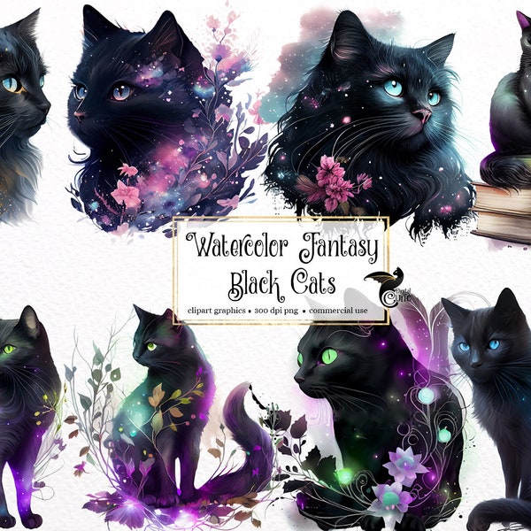 Watercolor Fantasy Black Cats Clipart - cute floral cats with fairy lights and flowers PNG format instant download for commercial use