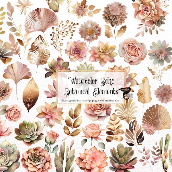 Watercolor Boho Botanical Elements Clipart - floral wedding PNG format instant download for commercial use