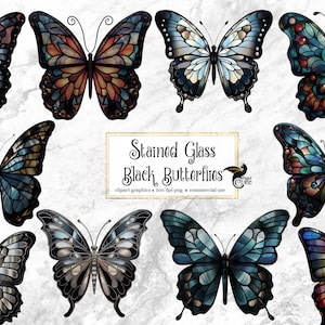 Stained Glass Black Schmetterlinge Clipart - Fantasy Clip Art Grafiken und Collage Blätter für veränderte Kunst oder Junk Journals sofortiger Download