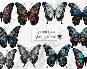 Stained Glass Black Butterfly Clipart – Fantasy Graphics (Digital Download)
