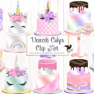 Unicorn Cakes Clipart, magical rainbow pastel and gold foil floral unicorn cakes, unicorn horns and faces, birthday party invitation