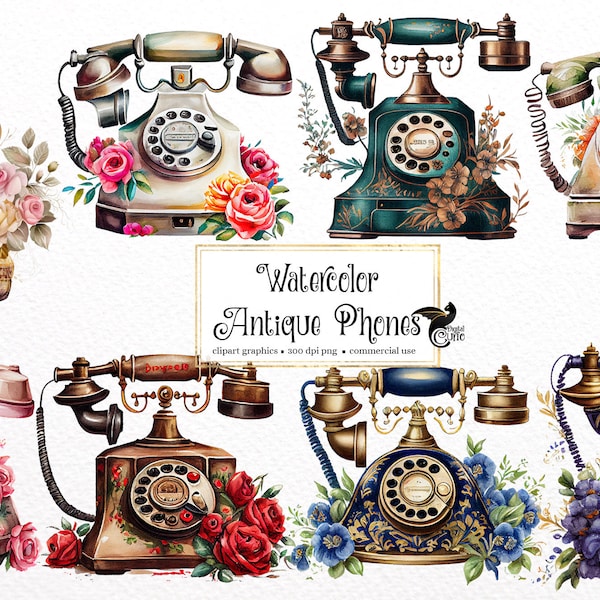 Watercolor Antique Telephones Clipart - vintage floral shabby phone PNG format instant download for commercial use