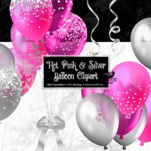 Heiße rosa und silberne Ballons Clipart, Glitzerballon png digitale Überlagerungen mit Konfetti für Geburtstage sofortiger Download kommerzielle Nutzung