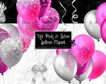 Hot Pink and Silver Balloons Clipart, glitter balloon png digital overlays with confetti for birthdays instant download commercial use