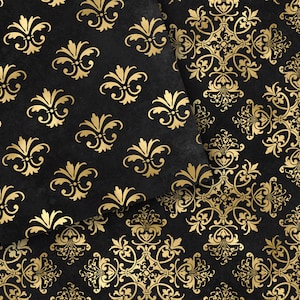 Black and Gold Damask Digital Paper, Seamless Patterns (digital ...