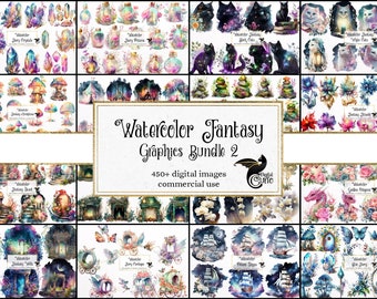 Watercolor Fantasy Graphics Bundle 2, magic fairy, wizard and witch graphics in PNG format for commercial use