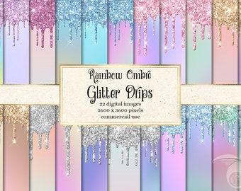Rainbow Ombre Glitter Drips Digital Paper, glitter backgrounds with frosting drips unicorn printable scrapbook paper