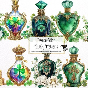 May include: Nine watercolor illustrations of ornate glass bottles filled with green, rainbow, and gold liquid. Each bottle has a gold top and is decorated with shamrocks and gold accents. The bottles are surrounded by shamrocks and white flowers. The text "Watercolor Luck Potions" is written in a decorative font.