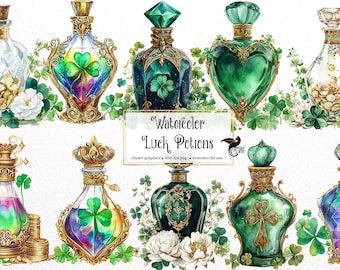 Watercolor Luck Potions Clipart - watercolor St Patrick's Day magic potion bottles in PNG format instant download for commercial use