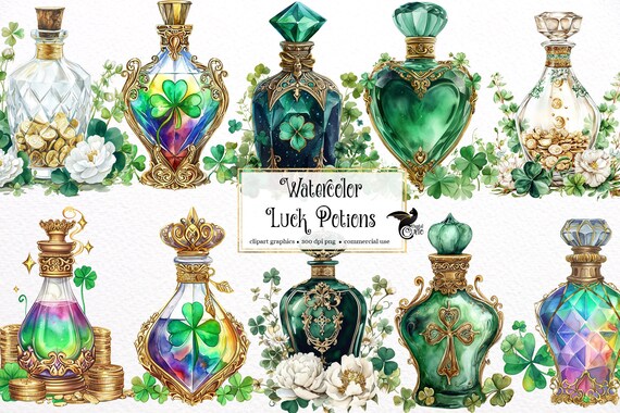 Watercolor St Patrick's Day Potion Clipart – Luck Bottles (PNG, Digital Download)