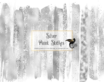 Silver Glitter Paint Strokes Clipart, PNG (Digital Download)