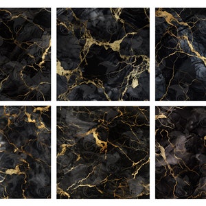 May include: Six seamless digital paper patterns featuring black marble with gold veining. The patterns are perfect for creating backgrounds, invitations, and other digital projects.