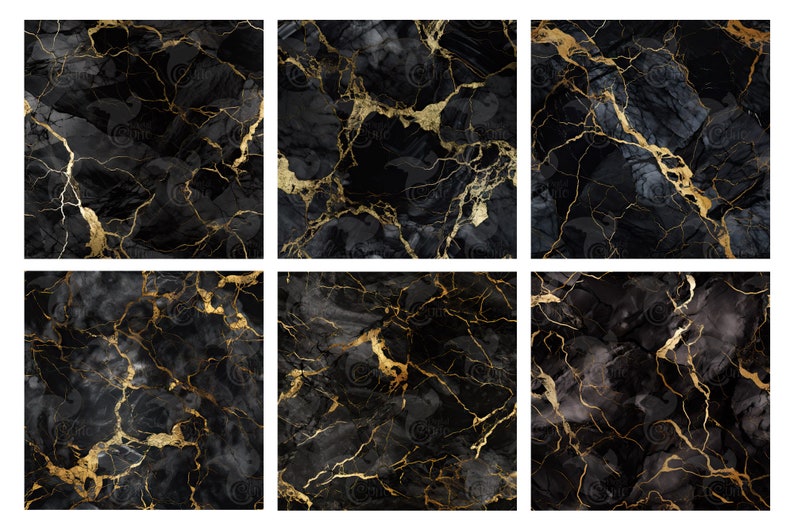 May include: Six seamless digital paper patterns featuring black marble with gold veining. The patterns are perfect for creating backgrounds, invitations, and other digital projects.