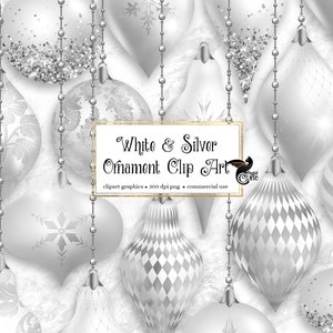 白と銀のクリスマスオーナメントのクリップアート、デジタルグリッターのクリスマスボールオーナメントのクリップアート（商用利用可、png形式）