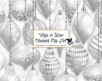 White and Silver Christmas Ornaments Clipart, digital glitter Christmas ball ornament clip art in png format for commercial use