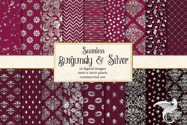 Burgundy and Silver Digital Paper Seamless Burgundy Silver Etsy