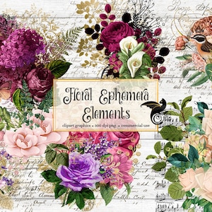 Floral Ephemera Elements Clipart digital download scrapbooking flower embellishments old handwriting, music, birds butterflies bouquets