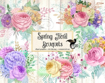Spring Bouquets Floral Clip Art, digital download painted rustic watercolor flower png embellishments, pastel glitter roses