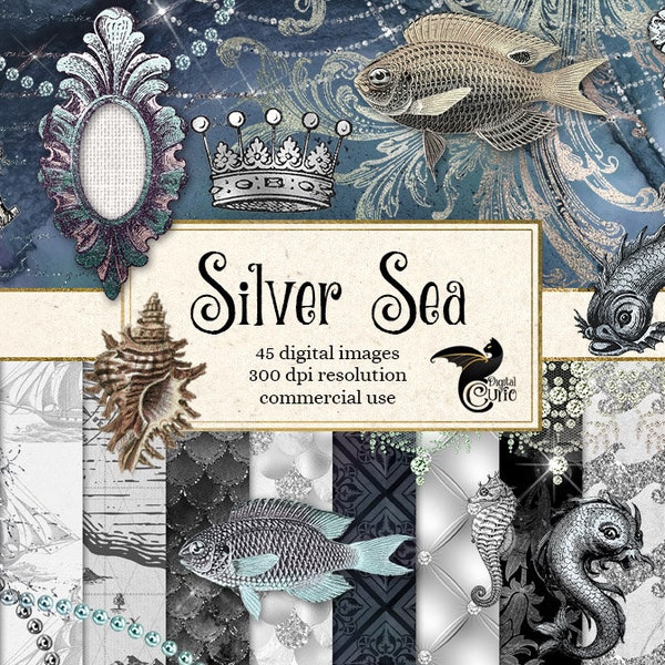 Silver Sea Digital Scrapbooking Kit fantasy mermaid clipart and digital paper vintage antique nautical instant download graphics