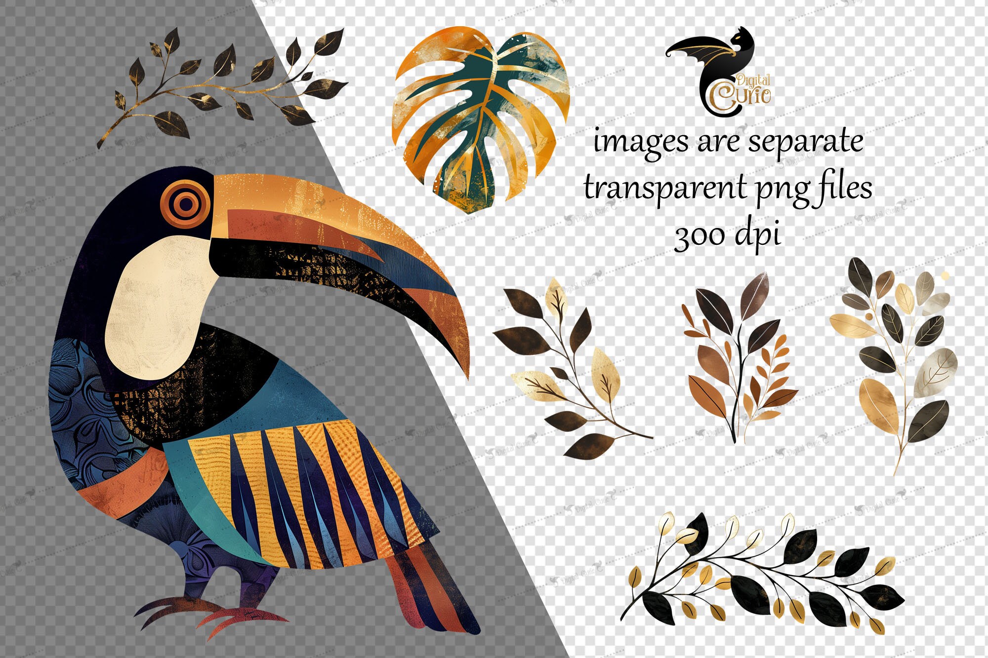Whimsical Toucan Clipart - Cute Tropical Birds and Leaves in PNG Format ...