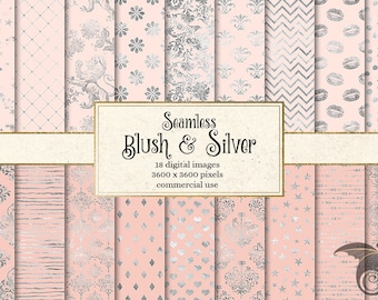 Könnte beinhalten: Ein Set mit 18 digitalen nahtlosen Mustern in Blush-Rosa und Silber. Die Muster umfassen Sterne, Herzen, Diamanten, Streifen, Pfeile, Lippen, Punkte und florale Designs.  Seamless Blush & Silver - 18 digitale Bilder 3600 x 3600 Pixel kommerzielle Nutzung