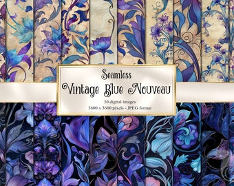 May include: A set of 30 digital seamless patterns featuring a vintage blue and purple floral design in the Art Nouveau style. Each pattern is 3600 x 3600 pixels and in JPEG format.