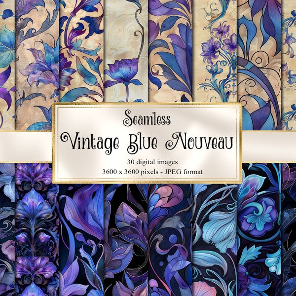 Vintage Blue Art Nouveau Floral Digital Paper, seamless printable textures printable scrapbook paper