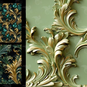 Green and Gold Rococo Digital Paper, Embossed Texture (digital Download ...