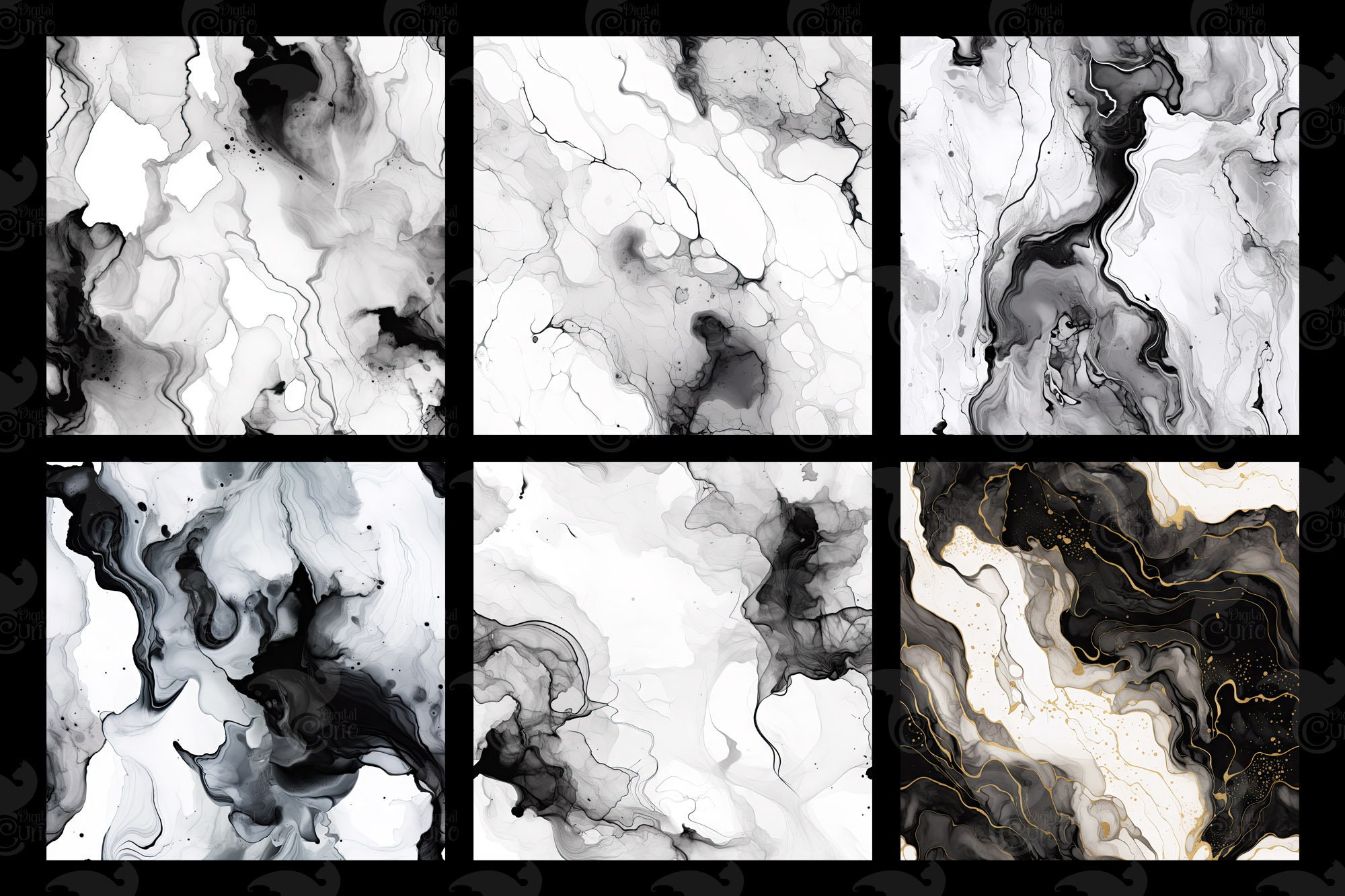 Black and White Alcohol Ink Textures, Liquid Abstract Backgrounds ...