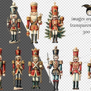 Puede incluir: Conjunto de diez figuras de cascanueces de estilo vintage. Los cascanueces est&aacute;n vestidos con uniformes militares rojos, azules y verdes con detalles dorados. Sostienen varias armas y accesorios, incluyendo espadas, tambores y un &aacute;rbol de Navidad.