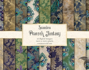 Peacock Digital Paper: bezszwowe wzory do scrapbookingu w stylu vintage (do pobrania w wersji cyfrowej)