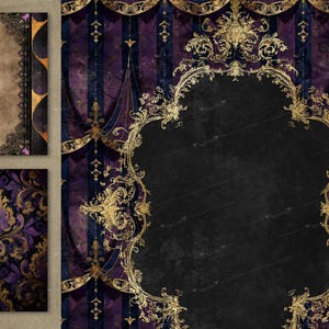 May include: Digital art featuring a collection of vintage-style backgrounds. The backgrounds include a damask pattern in purple and gold, a textured brown paper with black lace trim, and a dark purple and black striped design with gold ornate accents.