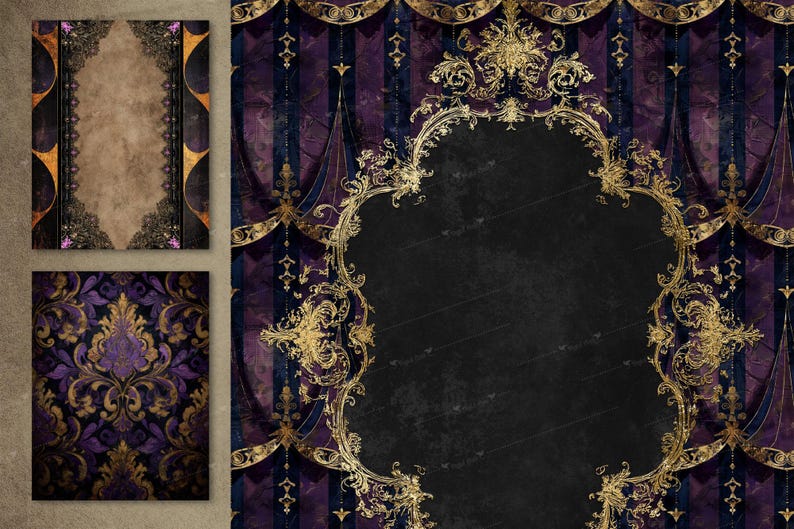 May include: Digital art featuring a collection of vintage-style backgrounds. The backgrounds include a damask pattern in purple and gold, a textured brown paper with black lace trim, and a dark purple and black striped design with gold ornate accents.