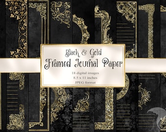 Black and Gold Framed Journal Paper, Printable Scrapbooking (Digital Download)
