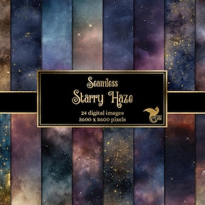Puede incluir: Una colección de 24 imágenes digitales con un diseño de bruma estelar sin costuras. Las imágenes presentan una variedad de colores, incluyendo azules, morados y dorados, con un efecto texturizado similar a la acuarela. El texto "Seamless Starry Haze" se muestra sobre un fondo negro.